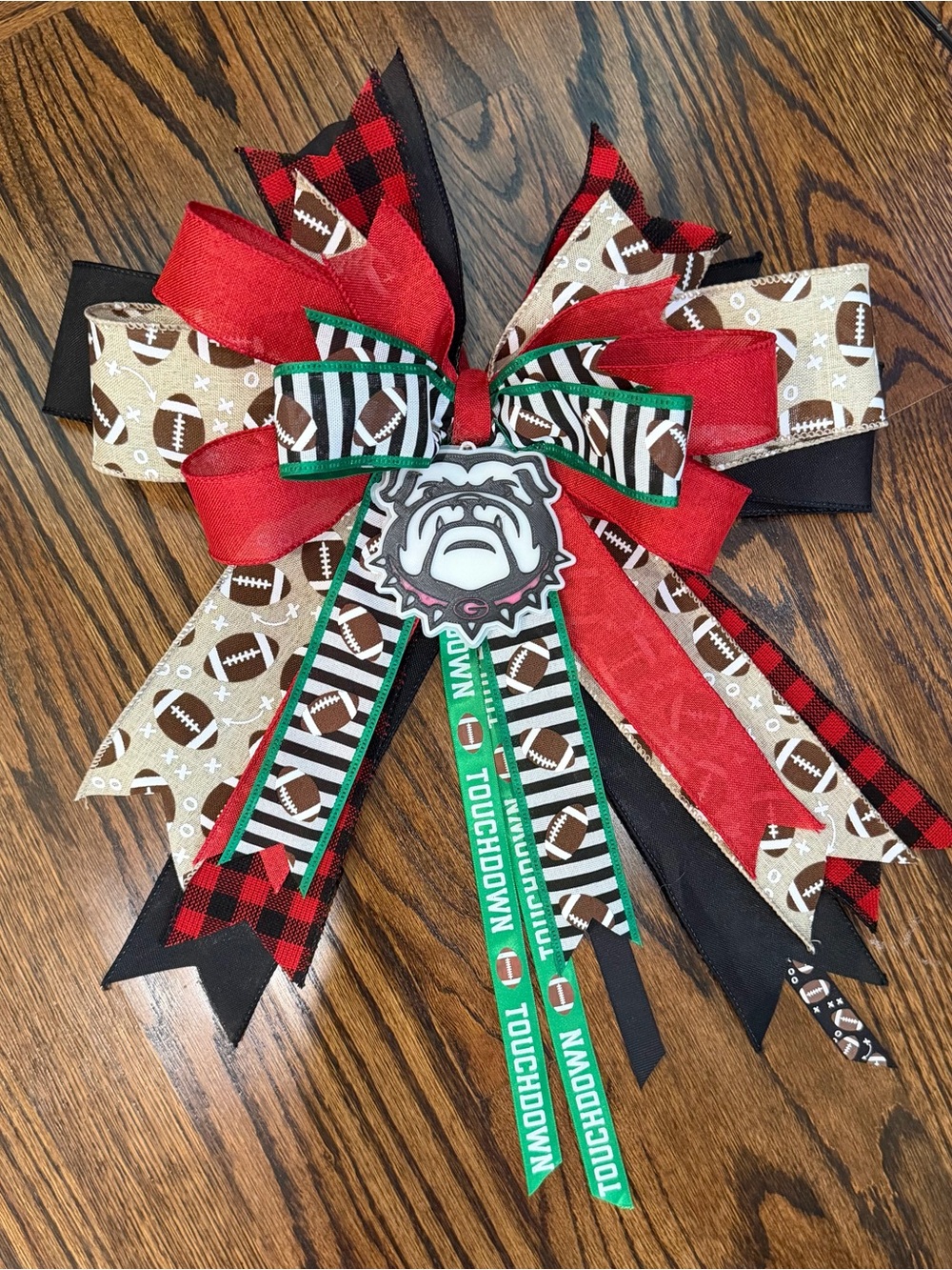 Handmade Red & Black Football Bow with Bulldog Accent